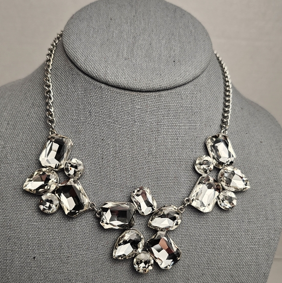 Silver Toned Crystal Asymmetrical Bib Necklace - Picture 1 of 15